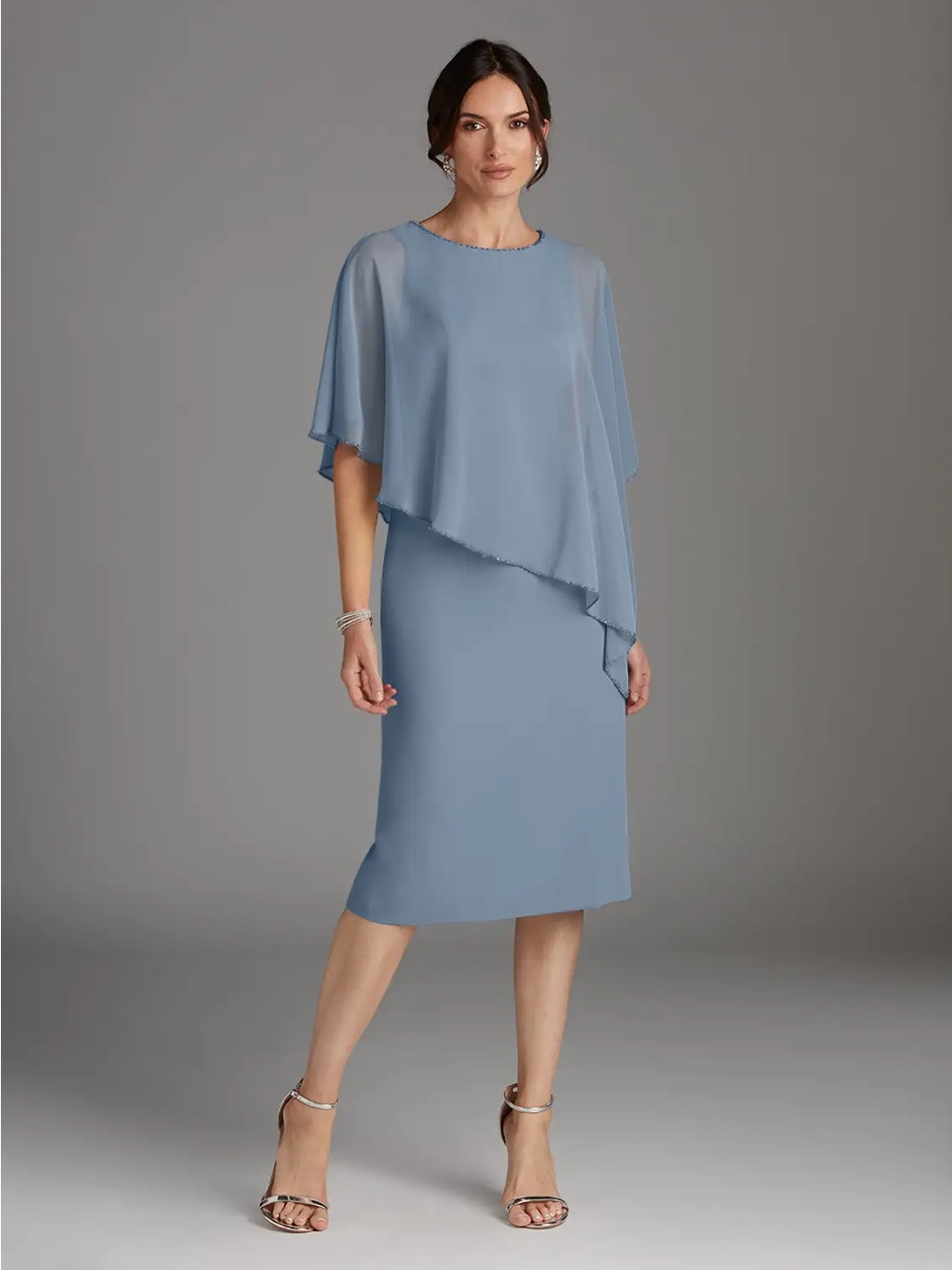 Chiffon Capelet Midi Dress In Dusty Blue